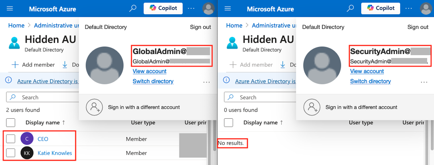 An hidden membership AU concealing membership information to anyone who doesn't have specific privileged roles (click to enlarge).