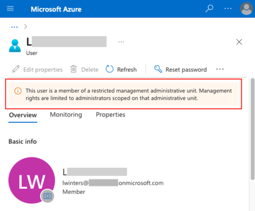 Restricted management AUs in the Azure Portal (click to enlarge).
