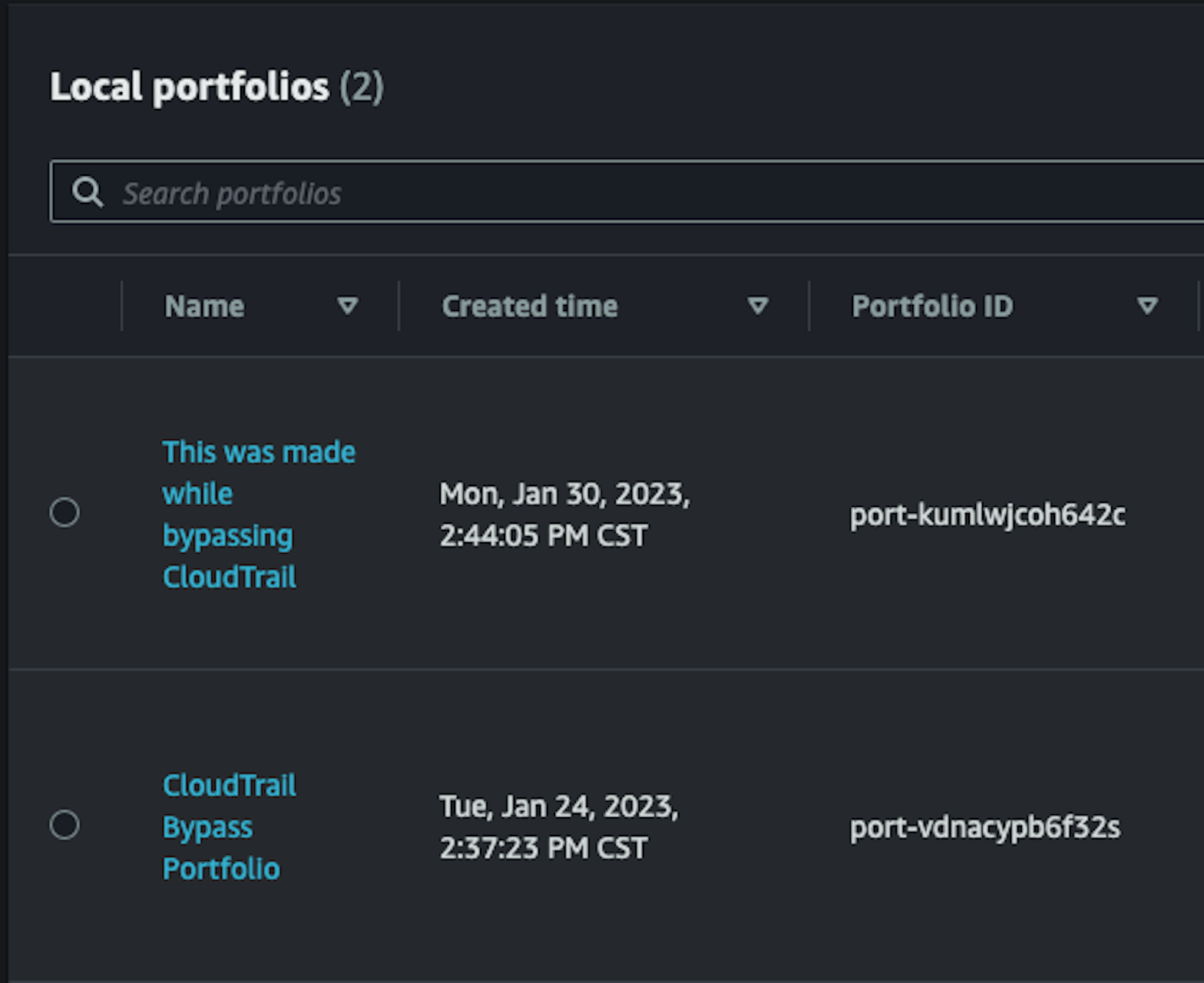 Showing that the portfolio was created, even with the error.